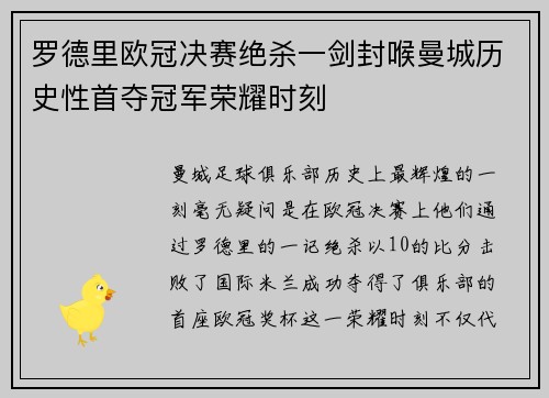 罗德里欧冠决赛绝杀一剑封喉曼城历史性首夺冠军荣耀时刻