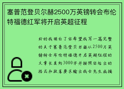 塞普范登贝尔赫2500万英镑转会布伦特福德红军将开启英超征程